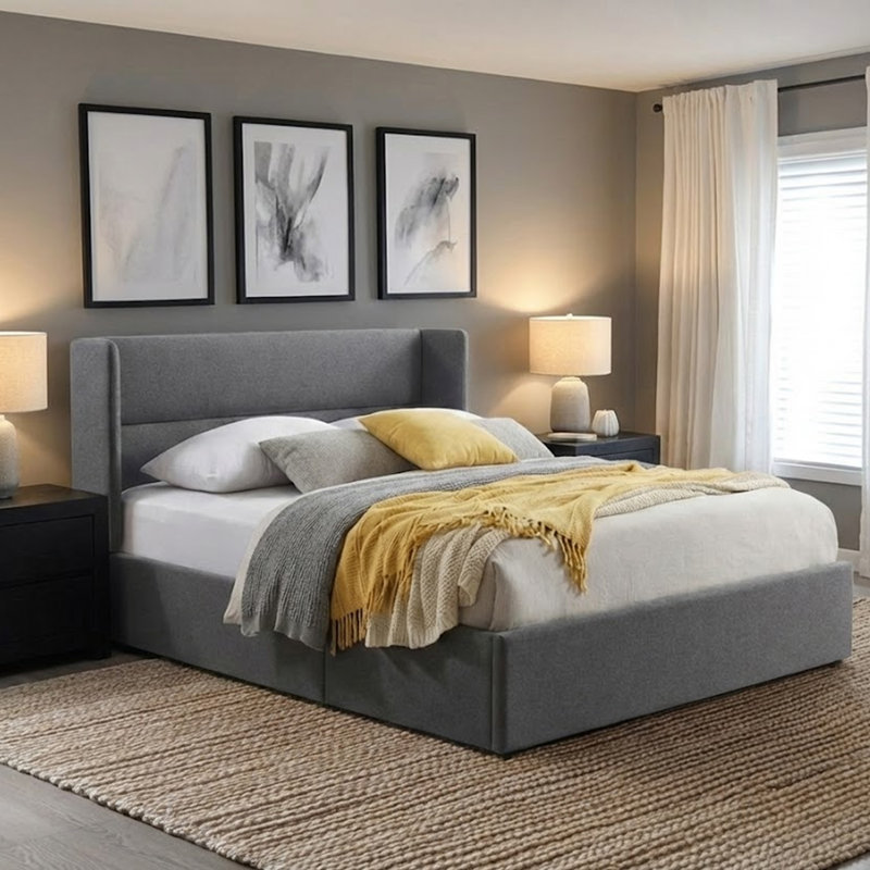 Lit plateforme tapissier avec rangement Gaillarde, Double, Gris olive clair
