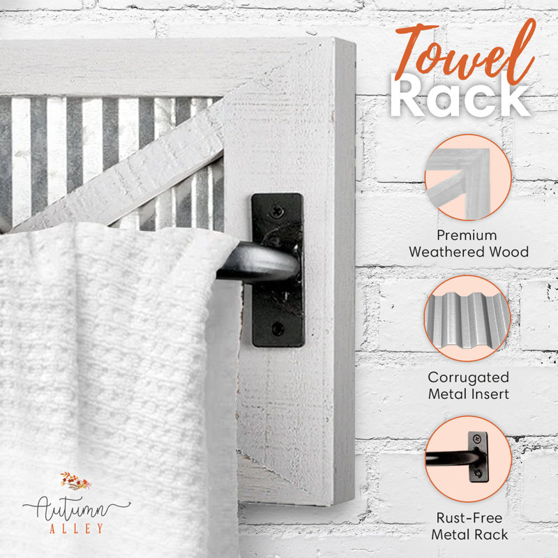 Wall Mounted Wooden Rustic Farmhouse Towel Rack, White