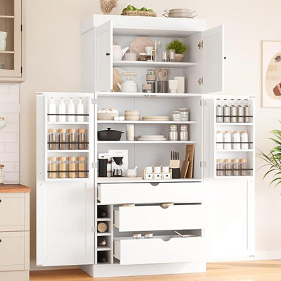 Garde-manger autoportant de 77 po de hauteur, armoire de rangement moderne de style Shaker de L 35 po x l 17,7 po avec tablettes réglables, tablettes de porte, tiroirs et porte-bouteilles, blanc