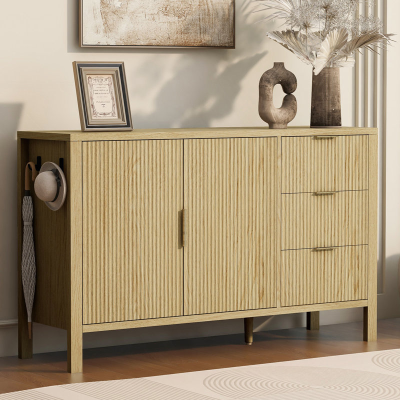 Modern Wave-Pattern Sideboard With 3 Drawers, Large Storage Buffet Cabinet, Natural