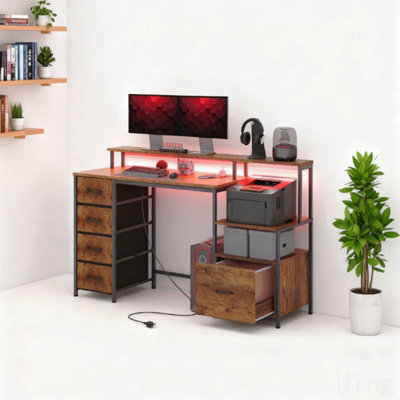 Computer Desk with Power Outlets and LED Lights