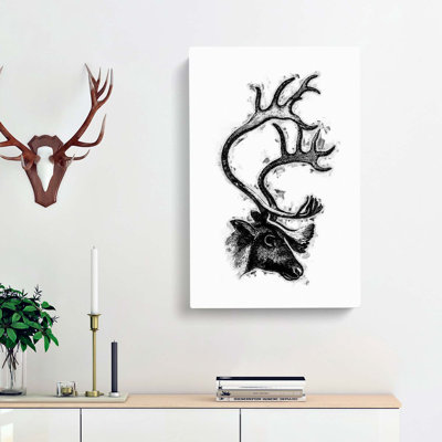 A Deer with Antlers Illustration in Black & White - Wrapped Canvas
