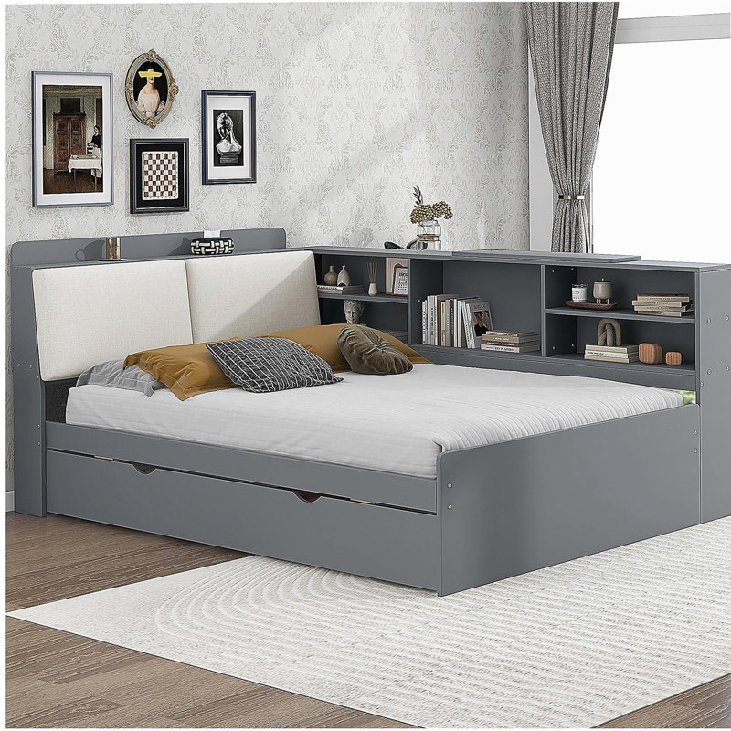 Lit plateforme en bois avec lit gigogne, tablettes et tête de lit en bois, Gray