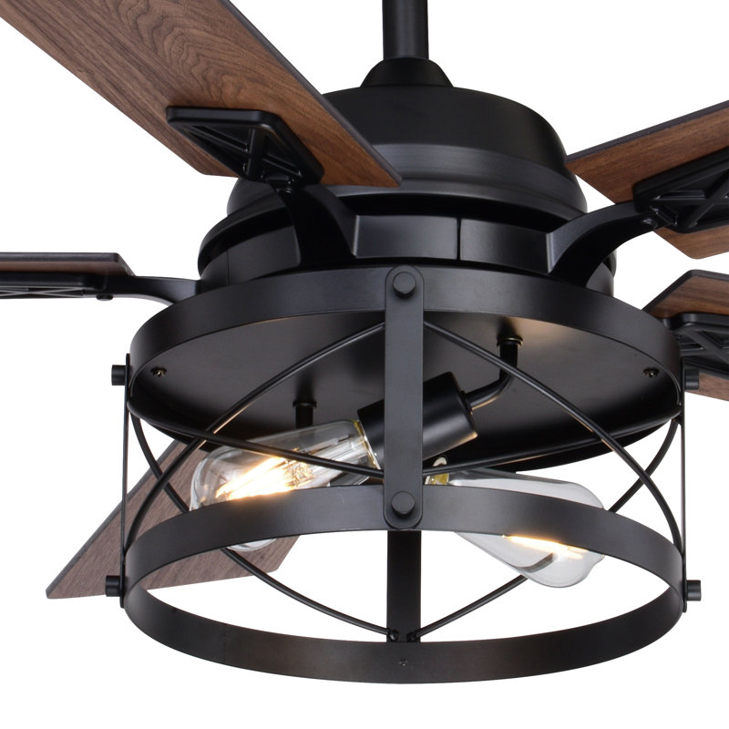 Hunstant 52 in. Black Indoor Rod Mount Farmhouse Ceiling Fan with Reversible Dark Bronze-Walnut Blades, Dimmable LED Light Kit and Remote Control Included, 3 Speeds, Wire Cage Drum Shade