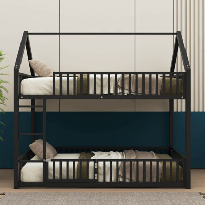 Sturdy Metal Twin-Over-Twin Bunk Bed With Safety Guardrails & Whimsical Door Feature