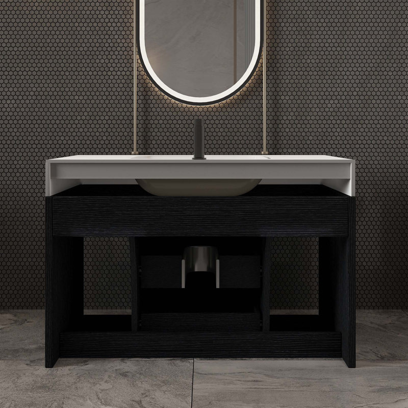 Ensemble de meuble-lavabo flottant 29,9 po avec évier encastré en céramique, Noir, Blanc