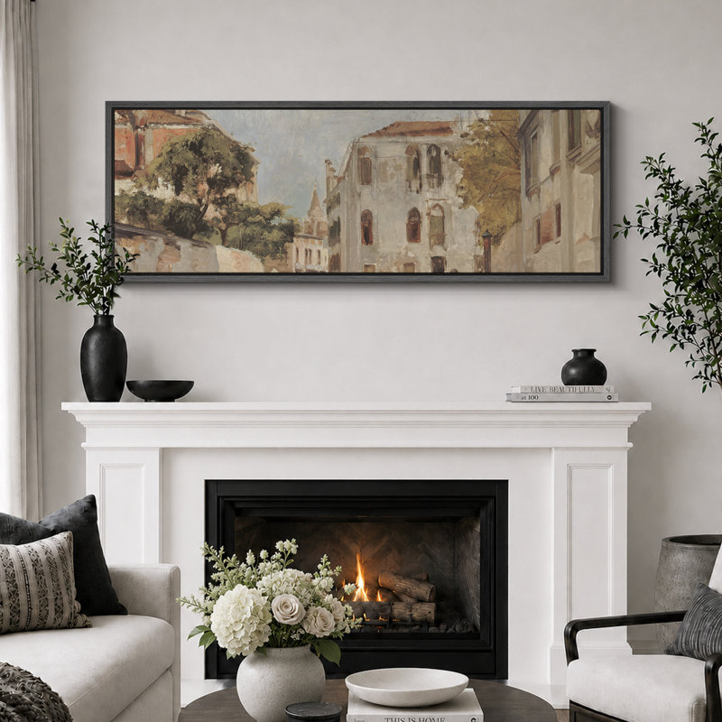 «Rustic Countryside Venetian Canal Scene», reproduction d'art sur toile, H 20 po x l 60 po, Noir, noir, noir, noir