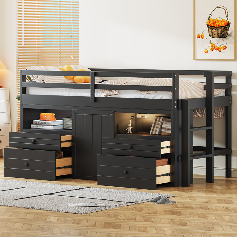 Lit mezzanine simple avec 4 tiroirs, sous l'armoire et les tablettes, Espresso