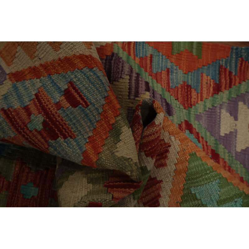 Tapis traditionnel kilim tissé à la main avec motifs hexagonaux multicolores 5 x 7