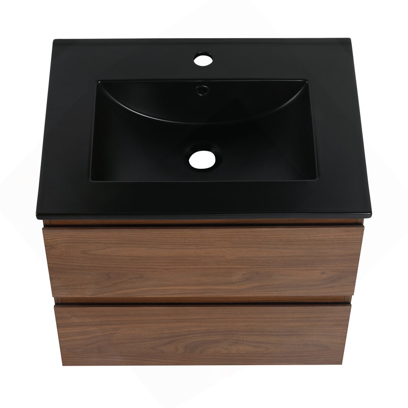 Meuble-lavabo mural 24 po avec lavabo en céramique noire, 2 tiroirs à fermeture en douceur, ensemble KD, Chêne brun, 24"