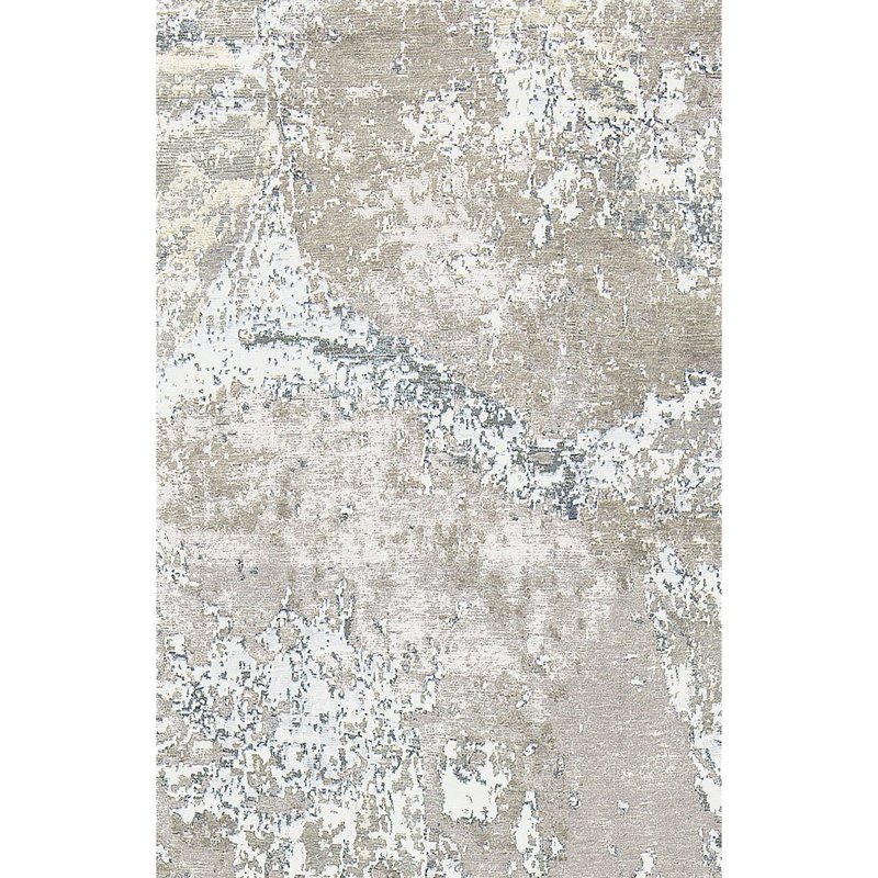 Tapis rectangulaire en laine / viscose noué à la main beige / blanc / gris, Rectangle 6 pi x 9 pi