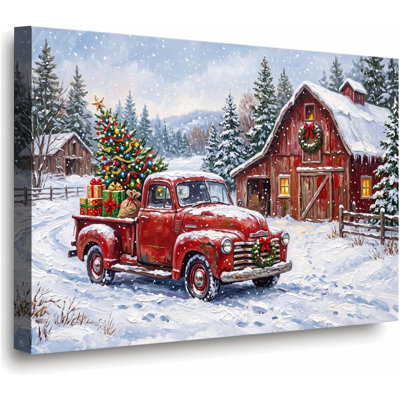 Vintage Red Truck Christmas Canvas Wall Art — Snowy Barn Scene with Tree & Gifts, Farmhouse Holiday Decor for Living Room & Entryway