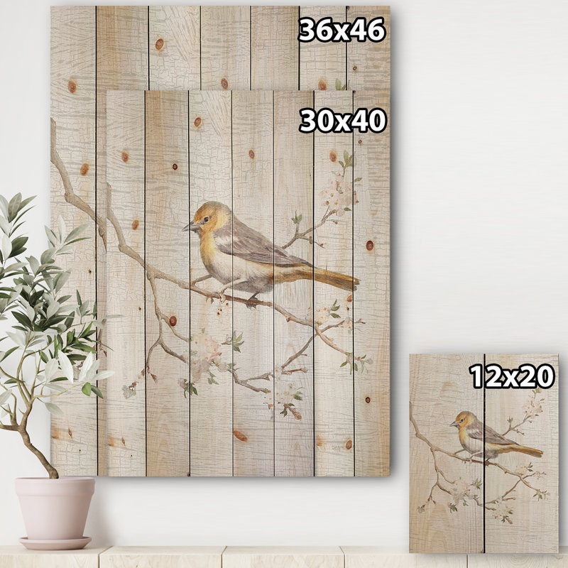Birds on Blossom II - reproduction de ferme sur bois de pin naturel, H 40 po x l 30 po x P 1,5 po