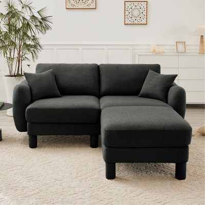 Boucle Fabric Sectional 2-Seater Loveseat Sofa Couch With Distinctive Shell-Shaped Armrests And Removable Ottoman,Cylindrical Legs Wrapped With Self-Fabric,Dark Grey  Color