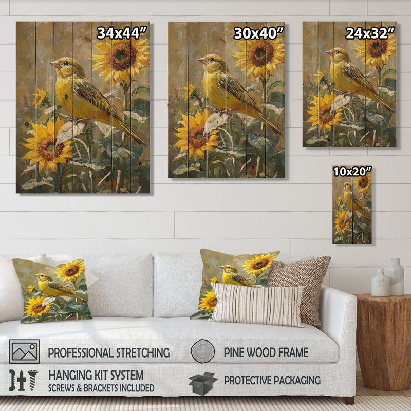 Finch Bird In The Farm Sunflowers II - Bird Wood Wall Decor - On Natural Pine Wood, 40" H x 30" W x 0.78" D