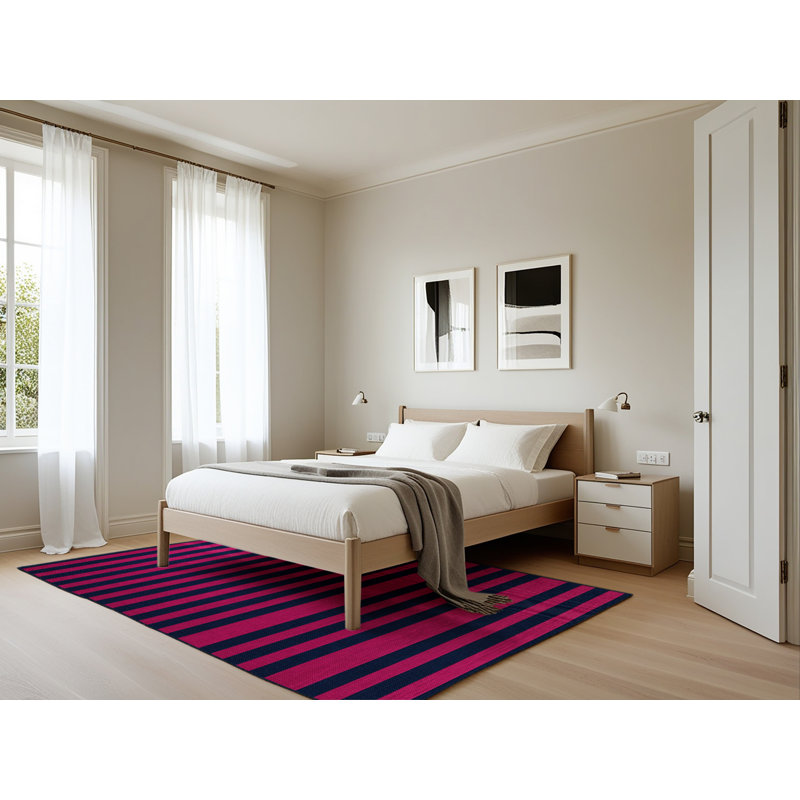 Tapis bleu à rayures horizontales lavable à la machine, Rectangle 5 pi x 7 pi