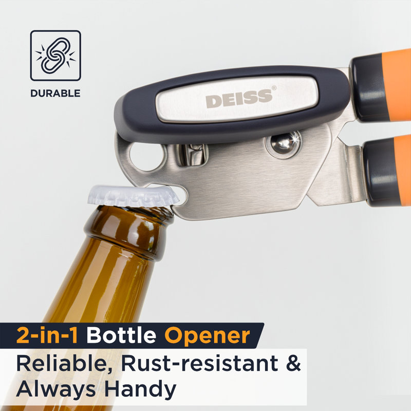 Ouvre-boîte manuel Deiss Pro et ouvre-bouteille Deiss Pro - manuel, acier inoxydable, avec lame tranchante pour faciliter la coupe - orange