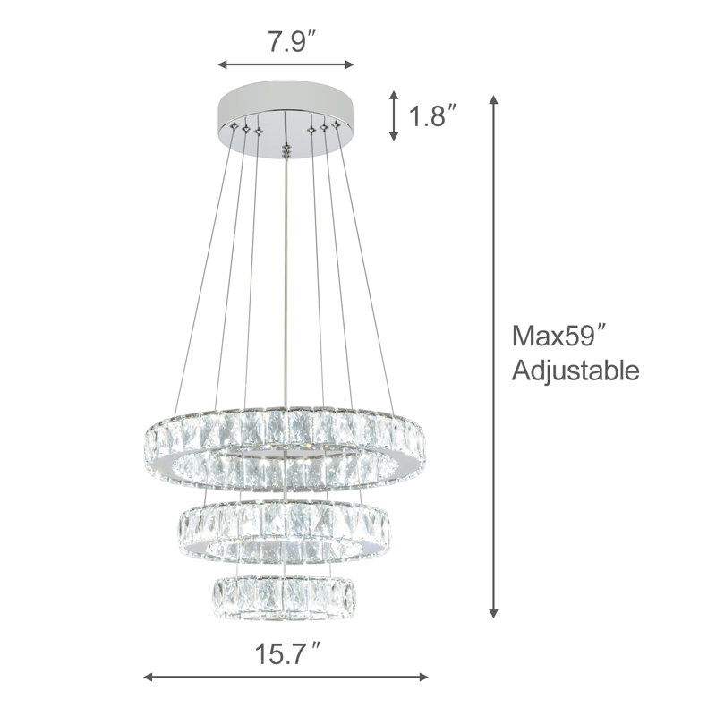 Lustres 33W à DEL intégrés, plafonniers en cristal en acier inoxydable, anneaux suspendus