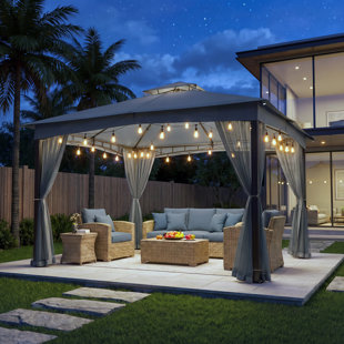 MASTERCANOPY 13’ W x 11’ D Double-Roof Patio Gazebo with Olefin Canopy and Mesh Netting