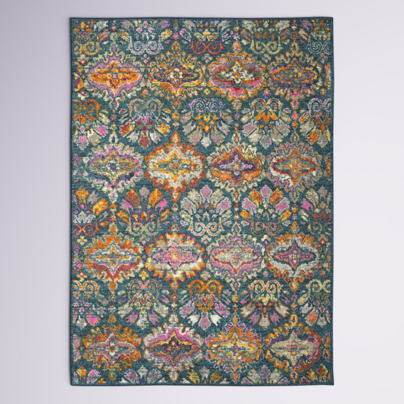 Christa Oriental Blue/Orange/Pink Area Rug, Rectangle 10' x 14'