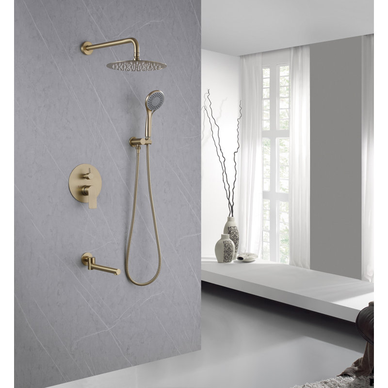 Système de douche à pluie à pression équilibrée mural moderne 10 po avec douchette pivotante et douche à main, Or brossé
