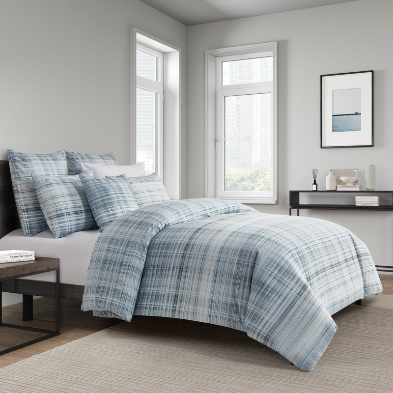 Peyton Blue Cotton Full/Queen Plaid Duvet Cover Set