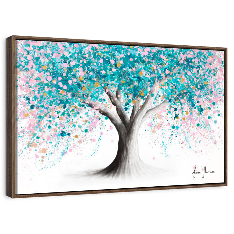 Arbre à fleurs turquoise, 13 po x 9 po, Cadre flottant en noyer