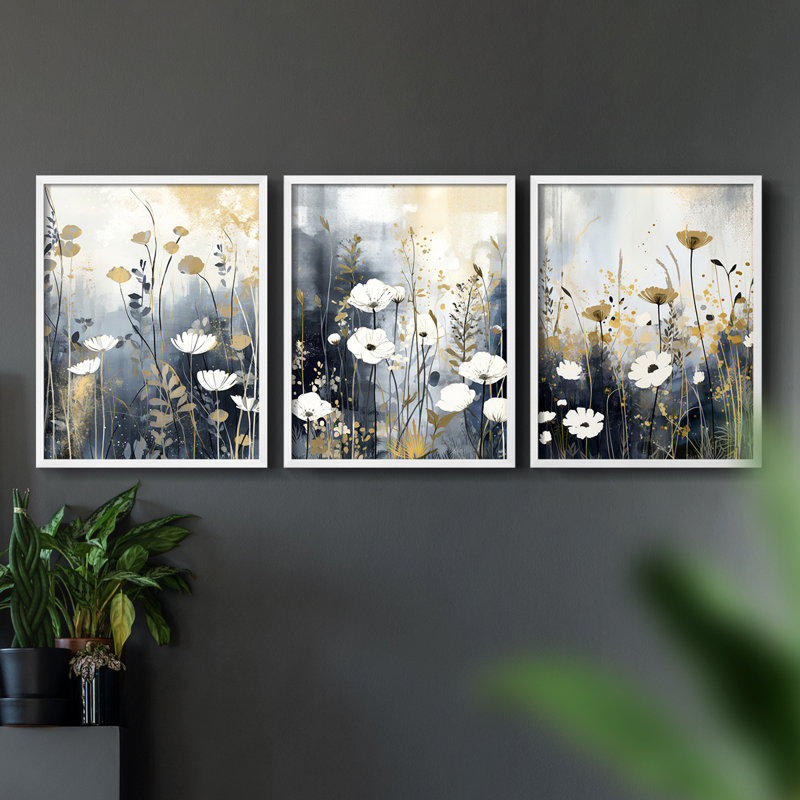 Étude florale Cxxvi -Set de 3 estampes numériques encadrées -Prêt à, Cadre blanc, H 28 po x l 22 po