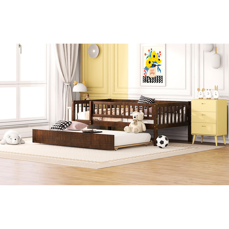 Twin Size Daybed With Trundle And Firm Fence Guardrails In Walnut Wood Guardrails, Natural, Walnut, Twin