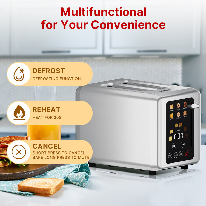 Teendow Extra Wide 2 Slice Toaster, 6 Bread Types & 6 Shade Settings,  Stainless Steel Digital Toaster With Timer And Sound Function