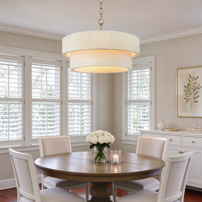 Lustre suspendu à deux niveaux en laiton vieilli, 50 cm (20 po), 6 lumières, avec suspension en tissu et chaîne, style transitionnel, idéal pour salle à manger ou salon.