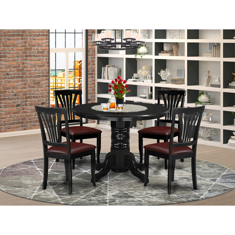 Ensemble de salle à manger moderne de 5 pièces comprenant une table de cuisine ronde avec pied central et 4 chaises de salle à manger en similicuir, 107 x 107 cm, noir