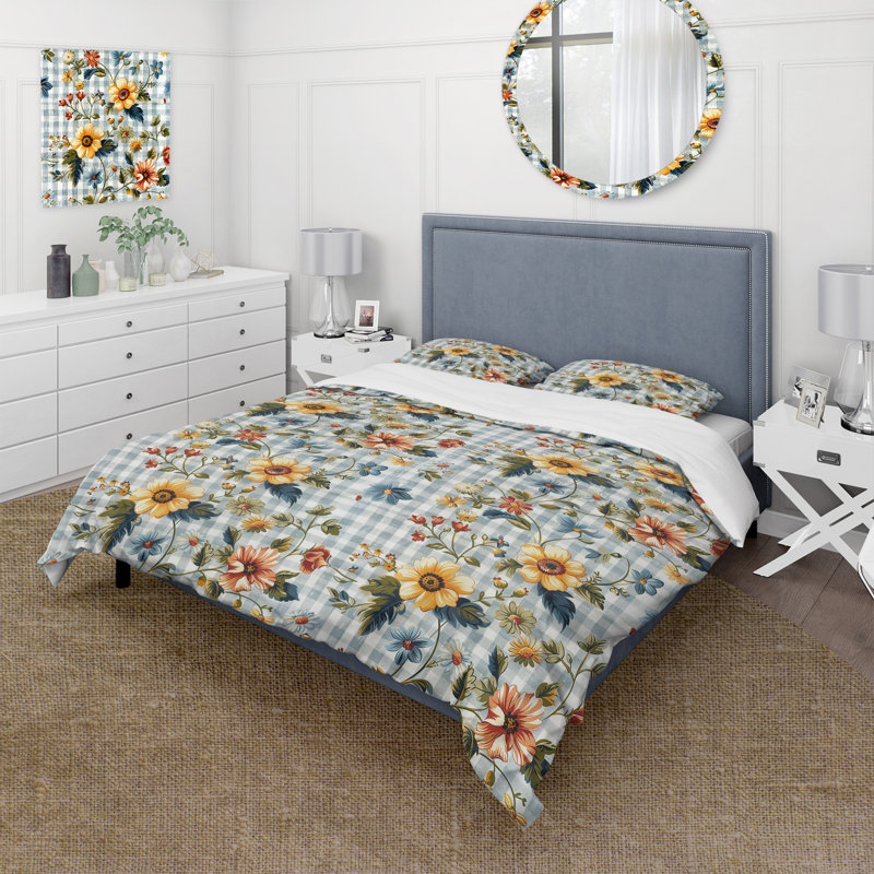 Ensemble de housse de couette à motif guingan à motif floral jaune et vert, Housse de couette pour grand lit + 2 taies décora