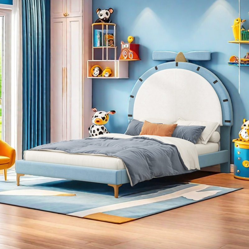 Upholstered Platform Bed With Alarm Clock Shaped Headboard, Lit simple