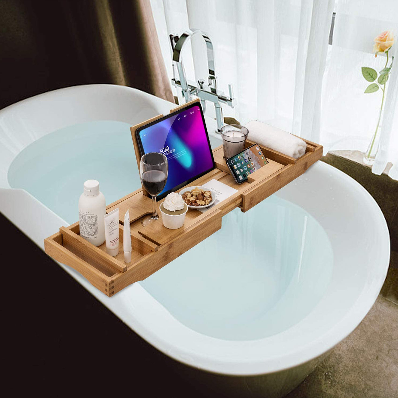 Rayon from Bamboo Bathtub Tray Expandable: Rayon from Bamboo Bath Tray for Tub with Book Stand Rebrilliant Finish: Black
