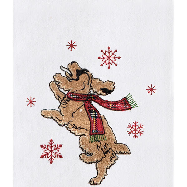 Festive Dog Jumping Christmas Holiday Machine Washable Embellished Flour Sack Kitchen Towel 27L x 18W in.