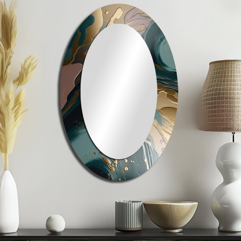 Miroir mural ovale doré et vert avec tourbillons d'harmonies or et vert, 36 po x 24 po