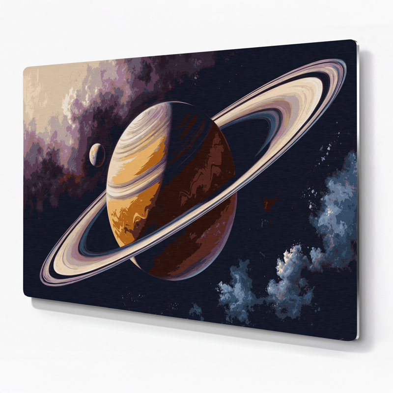 Space Saturn avec anneaux, art mural en métal mauve, H 11 po x l 14 po