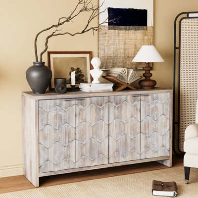 Buffet à 4 portes avec rangement en bois. Bureau de salle à manger en bois naturel délavé, style et stable