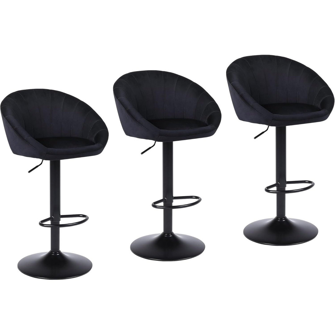 Bar Stools Set Of 3, Soft Velvet Fabric With Footrest, Swivel, Height-Adjustable, Suitable For Dining Room, Living Room And Kitchen, Black