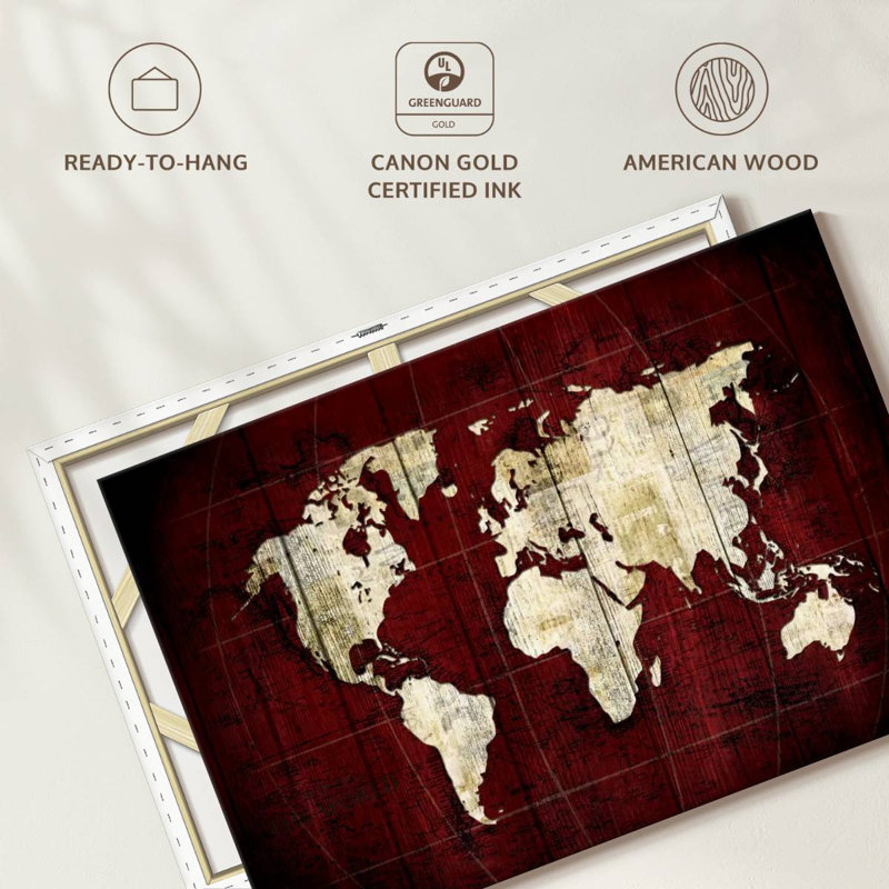 «White on Red World Map», reproduction sur toile, H 34 po x l 51 po x P 1,25 po
