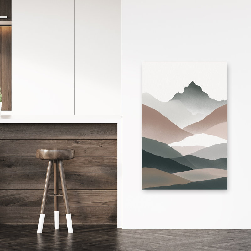 Montagnes sereines - Tableau abstrait moderne représentant un paysage paisible de montagne, 48" H x 32" W