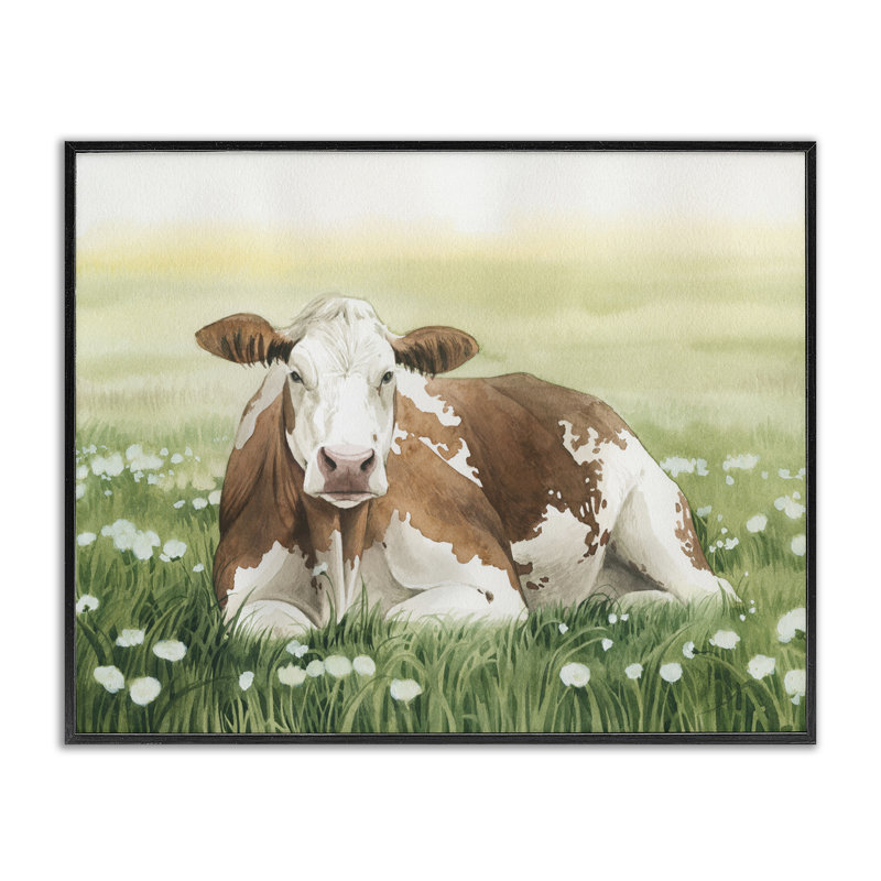 «Cow & Meadow Blossoms», art de la giclée encadrée par Grace Popp, H 24 po x l 30 po, Giclée encadrée noir minuit