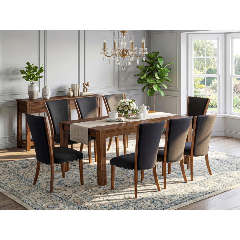 9 Piece Dining Table Set Includes a Rectangle Rustic Wood Kitchen Table and 8 Black Color Linen Fabric Parson Dining Room Chairs, Antique Walnut