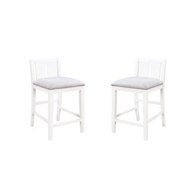 Chaise de salle à manger élégante, 2 places, hauteur du comptoir, revêtement blanc avec repose-pieds, structure en bois d'hévéa, hauteur 63,5 cm, largeur 44,5 cm, profondeur 44,5 cm, dossier en tissu crème, 20 cm de hauteur.