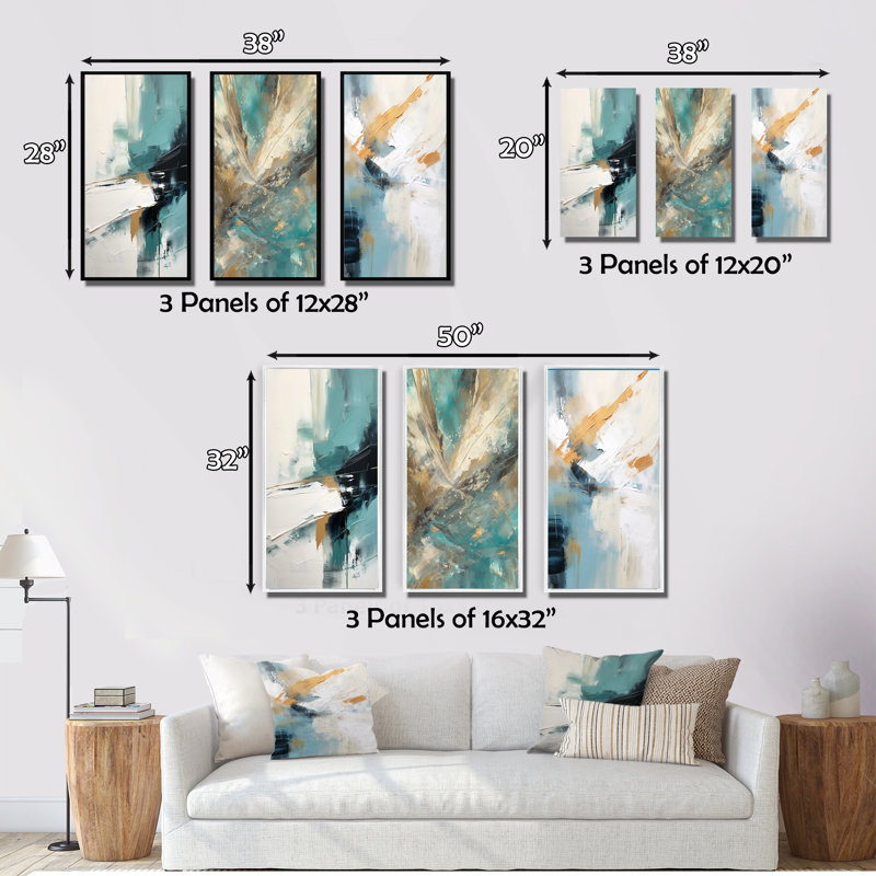 «Blissful Solitude Abstract In Vintage Blue II», 3 pièces sur toile, Cadre blanc, H 20 po x l 36 po