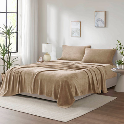 Ensemble de draps 3 pièces en velours micro peluche taupe pour lit simple