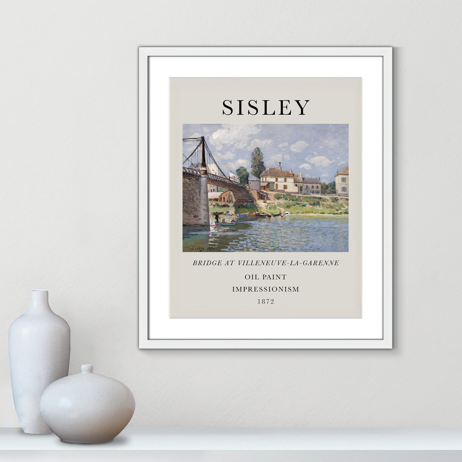 Old Masters Collection " The Bridge At Villeneuve " by Alfred Sisley, Yes, White Single Picture Frame