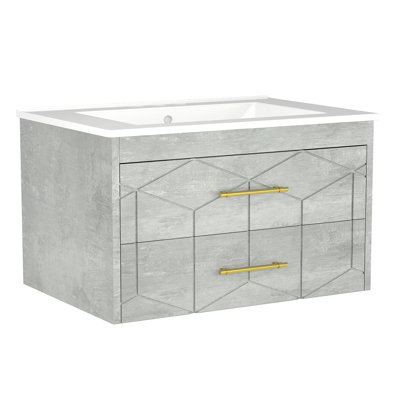 Meuble-lavabo flottant moderne avec lavabo en céramique, meuble-lavabo mural à 2 tiroirs, rangement compact pour les petites salles de bain