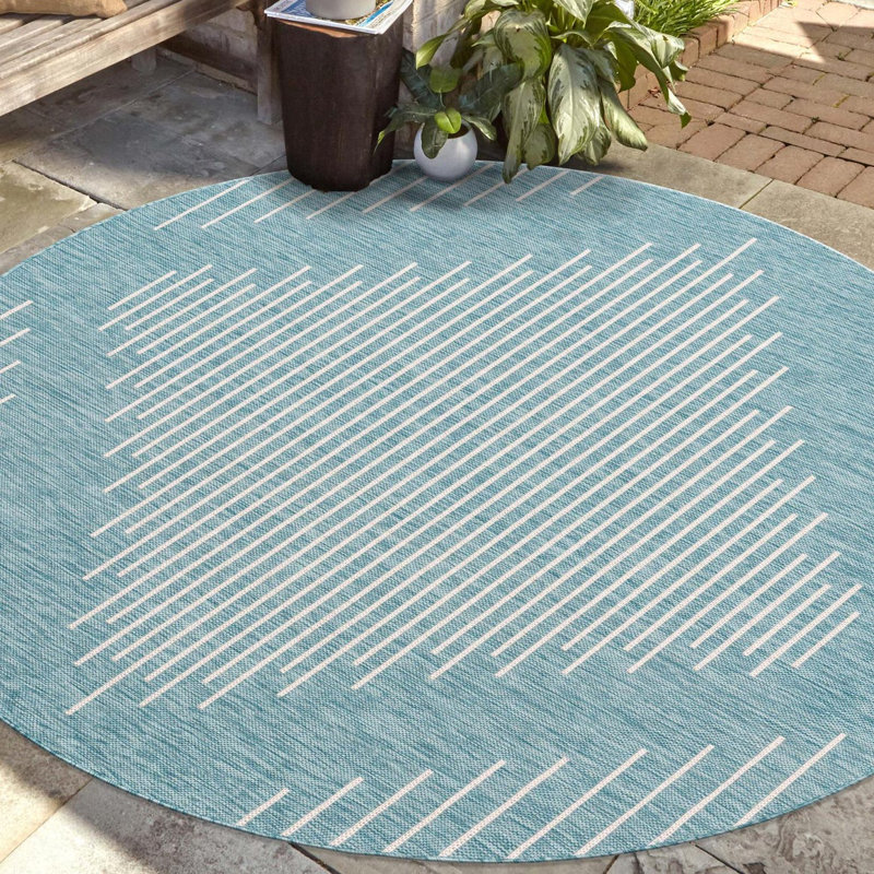Tapis rayé en polypropylène tissé à la machine intérieur / extérieur gris / bleu, Rond 7 pi 10 po